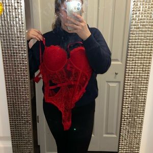 Victoria Secret Red Lingerie Lace Bodysuit SIZE: XL